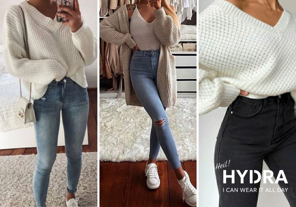 Phối đồ Minimalism cùng áo len cổ chữ V và quần skinny Phôi đồ thời trang Minimalism cùng áo len chỗ V và quần Skinny