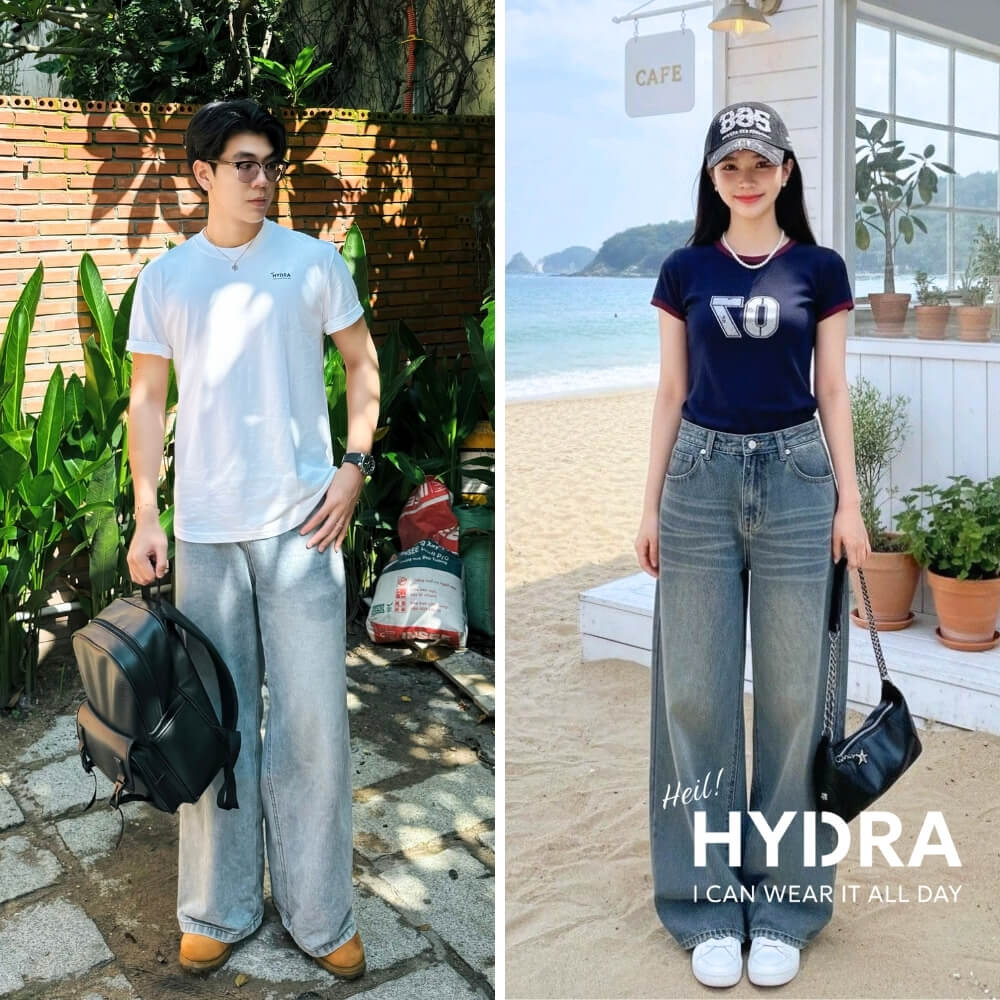 Phối quần jean ống rộng với áo thun basic